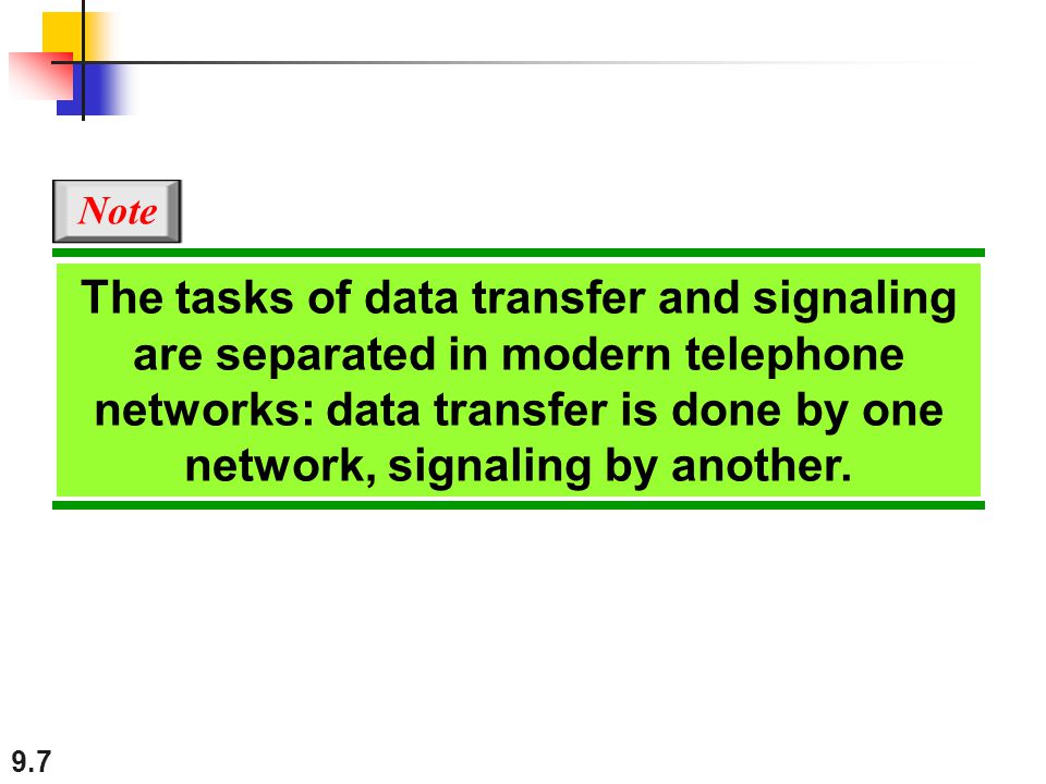 9.7 The tasks of data transfer and signaling are separated in modern telephone networks: data transfer is done by one network, signaling by another.