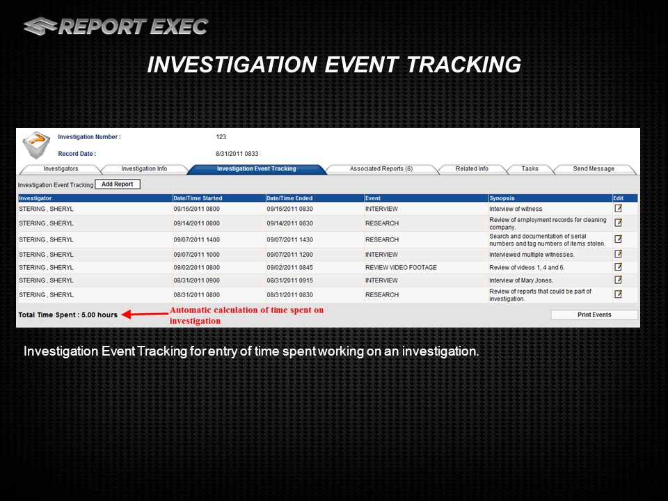 Investigation Event Tracking for entry of time spent working on an investigation.