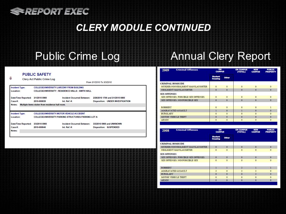 Annual Clery Report Public Crime Log CLERY MODULE CONTINUED
