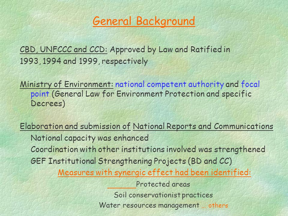 General Background CBD, UNFCCC and CCD: Approved by Law and Ratified in 1993, 1994 and 1999, respectively Ministry of Environment: national competent authority and focal point (General Law for Environment Protection and specific Decrees) Elaboration and submission of National Reports and Communications National capacity was enhanced Coordination with other institutions involved was strengthened GEF Institutional Strengthening Projects (BD and CC) Measures with synergic effect had been identified: Protected areas Soil conservationist practices Water resources management … others