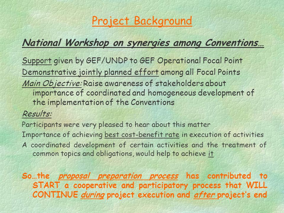 Project Background National Workshop on synergies among Conventions… Support given by GEF/UNDP to GEF Operational Focal Point Demonstrative jointly planned effort among all Focal Points Main Objective: Raise awareness of stakeholders about importance of coordinated and homogeneous development of the implementation of the Conventions Results: Participants were very pleased to hear about this matter Importance of achieving best cost-benefit rate in execution of activities A coordinated development of certain activities and the treatment of common topics and obligations, would help to achieve it So…the proposal preparation process has contributed to START a cooperative and participatory process that WILL CONTINUE during project execution and after project’s end