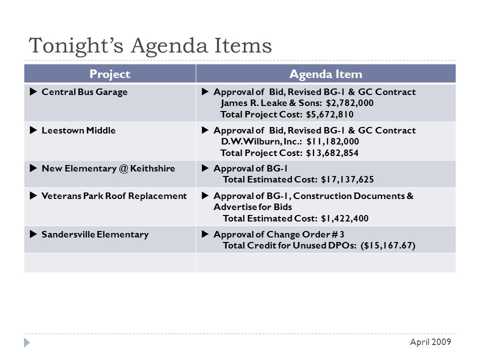 Tonight’s Agenda Items Project Agenda Item  Central Bus Garage  Approval of Bid, Revised BG-1 & GC Contract James R.