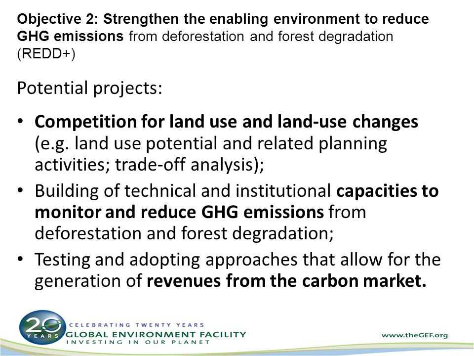 Objective 2: Strengthen the enabling environment to reduce GHG emissions from deforestation and forest degradation (REDD+) Potential projects: Competition for land use and land-use changes (e.g.