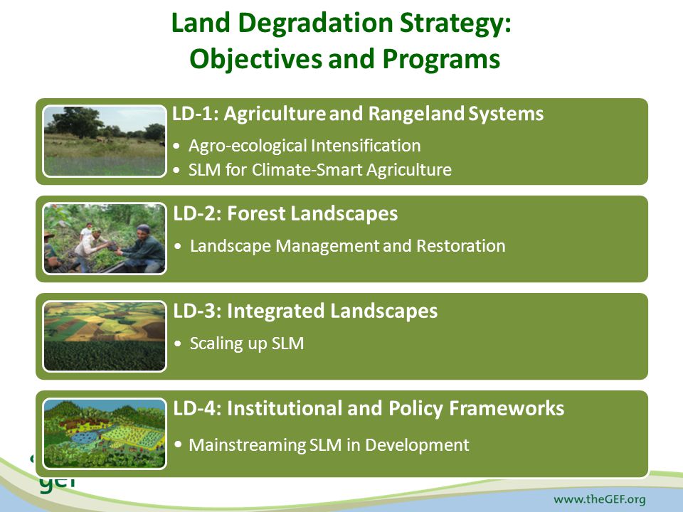 Land Degradation Strategy: Objectives and Programs LD-1: Agriculture and Rangeland Systems Agro-ecological Intensification SLM for Climate-Smart Agriculture LD-2: Forest Landscapes Landscape Management and Restoration LD-3: Integrated Landscapes Scaling up SLM LD-4: Institutional and Policy Frameworks Mainstreaming SLM in Development
