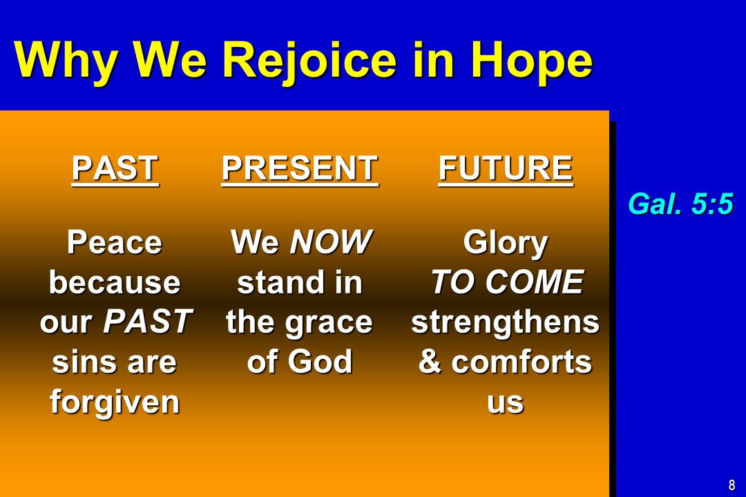 Why We Rejoice in Hope PAST Peace because our PAST sins are forgiven FUTURE Glory TO COME strengthens & comforts us 8 PRESENT We NOW stand in the grace of God Gal.