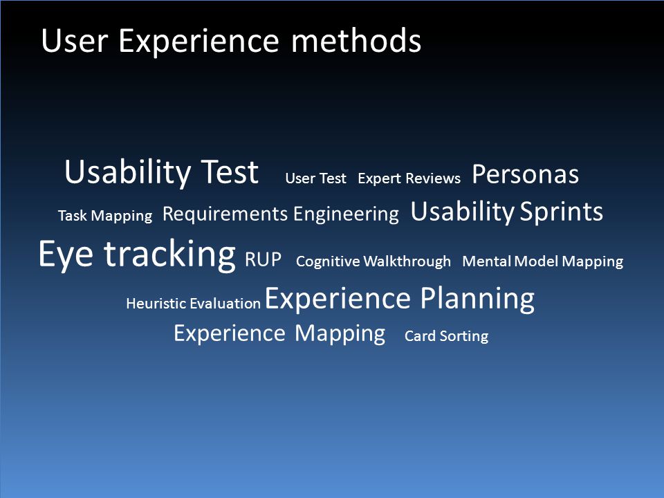 User Experience methods Usability Test User Test Expert Reviews Personas Task Mapping Requirements Engineering Usability Sprints Eye tracking RUP Cognitive Walkthrough Mental Model Mapping Heuristic Evaluation Experience Planning Experience Mapping Card Sorting
