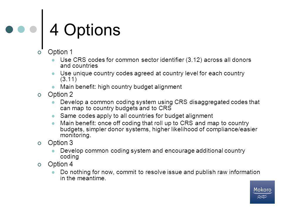 4 Options Option 1 Use CRS codes for common sector identifier (3.12) across all donors and countries Use unique country codes agreed at country level for each country (3.11) Main benefit: high country budget alignment Option 2 Develop a common coding system using CRS disaggregated codes that can map to country budgets and to CRS Same codes apply to all countries for budget alignment Main benefit: once off coding that roll up to CRS and map to country budgets, simpler donor systems, higher likelihood of compliance/easier monitoring.
