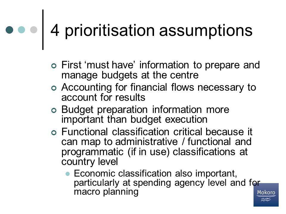 4 prioritisation assumptions First ‘must have’ information to prepare and manage budgets at the centre Accounting for financial flows necessary to account for results Budget preparation information more important than budget execution Functional classification critical because it can map to administrative / functional and programmatic (if in use) classifications at country level Economic classification also important, particularly at spending agency level and for macro planning