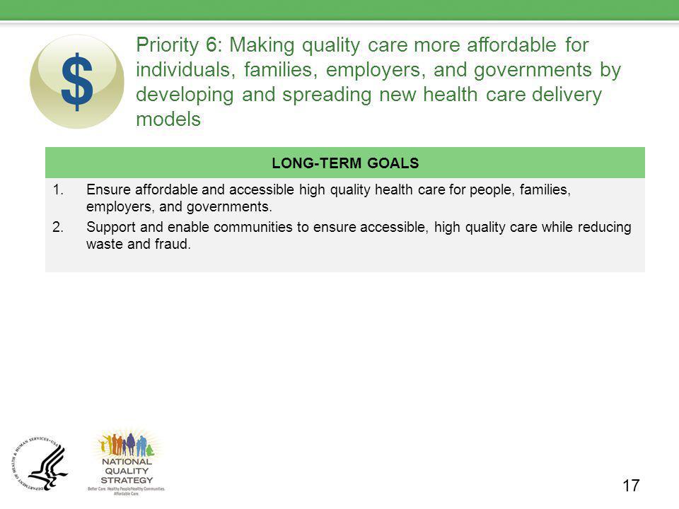Priority 6: Making quality care more affordable for individuals, families, employers, and governments by developing and spreading new health care delivery models LONG-TERM GOALS 1.Ensure affordable and accessible high quality health care for people, families, employers, and governments.