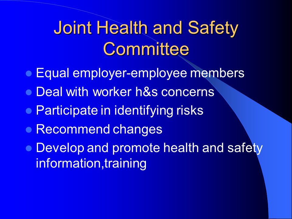 Joint Health and Safety Committee Equal employer-employee members Deal with worker h&s concerns Participate in identifying risks Recommend changes Develop and promote health and safety information,training