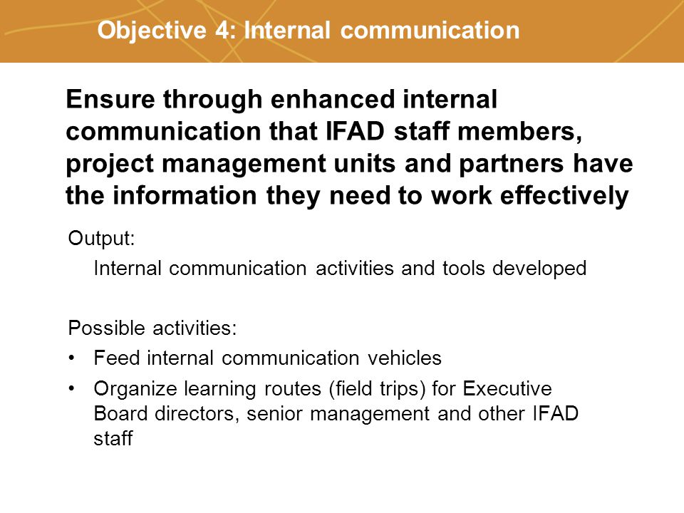 Farmers’ organizations, policies and markets Objective 4: Internal communication Output: Internal communication activities and tools developed Possible activities: Feed internal communication vehicles Organize learning routes (field trips) for Executive Board directors, senior management and other IFAD staff Ensure through enhanced internal communication that IFAD staff members, project management units and partners have the information they need to work effectively