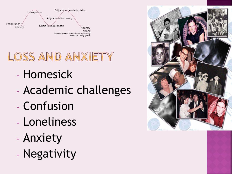 - Homesick - Academic challenges - Confusion - Loneliness - Anxiety - Negativity Adjustment and adaptation Honeymoon Crisis /cultural shock Adjustment / recovery Preparation / anxiety Reentry shock The W-Curve of Intercultural sojourning Based on Oberg (1960)