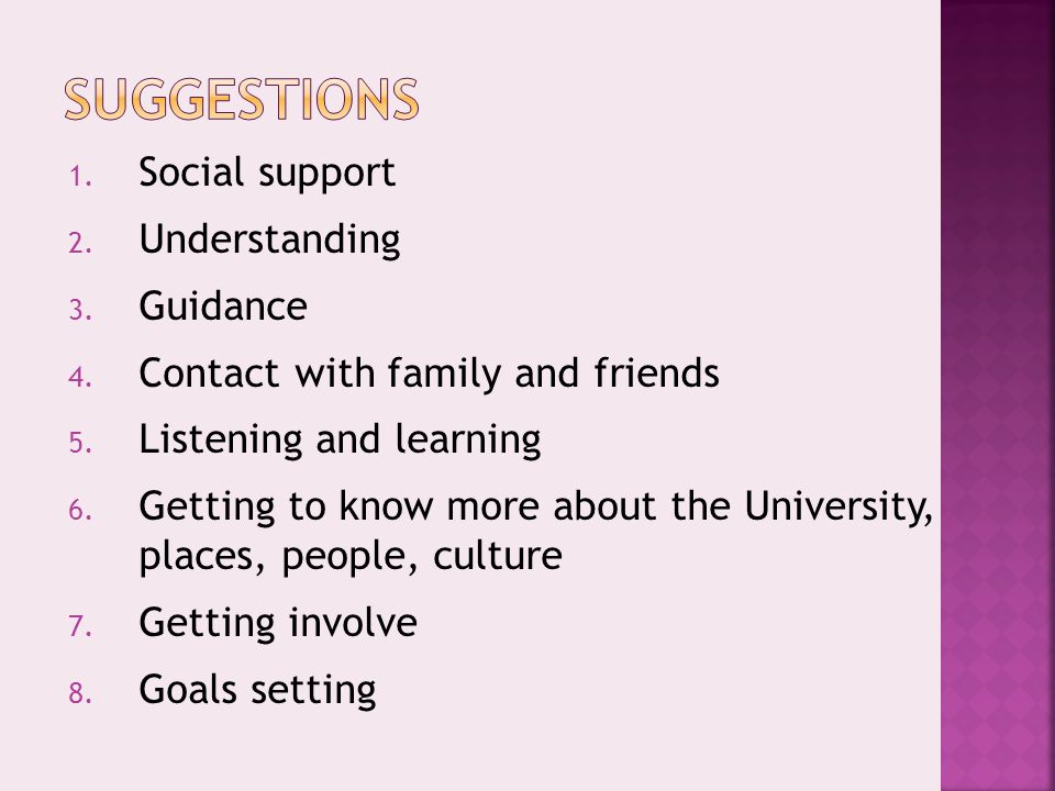 1. Social support 2. Understanding 3. Guidance 4.