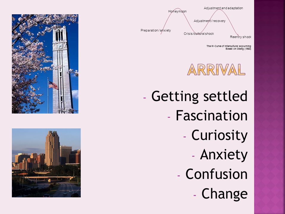 - Getting settled - Fascination - Curiosity - Anxiety - Confusion - Change Adjustment and adaptation Honeymoon Crisis /cultural shock Adjustment / recovery Preparation / anxiety Reentry shock The W-Curve of Intercultural sojourning Based on Oberg (1960)