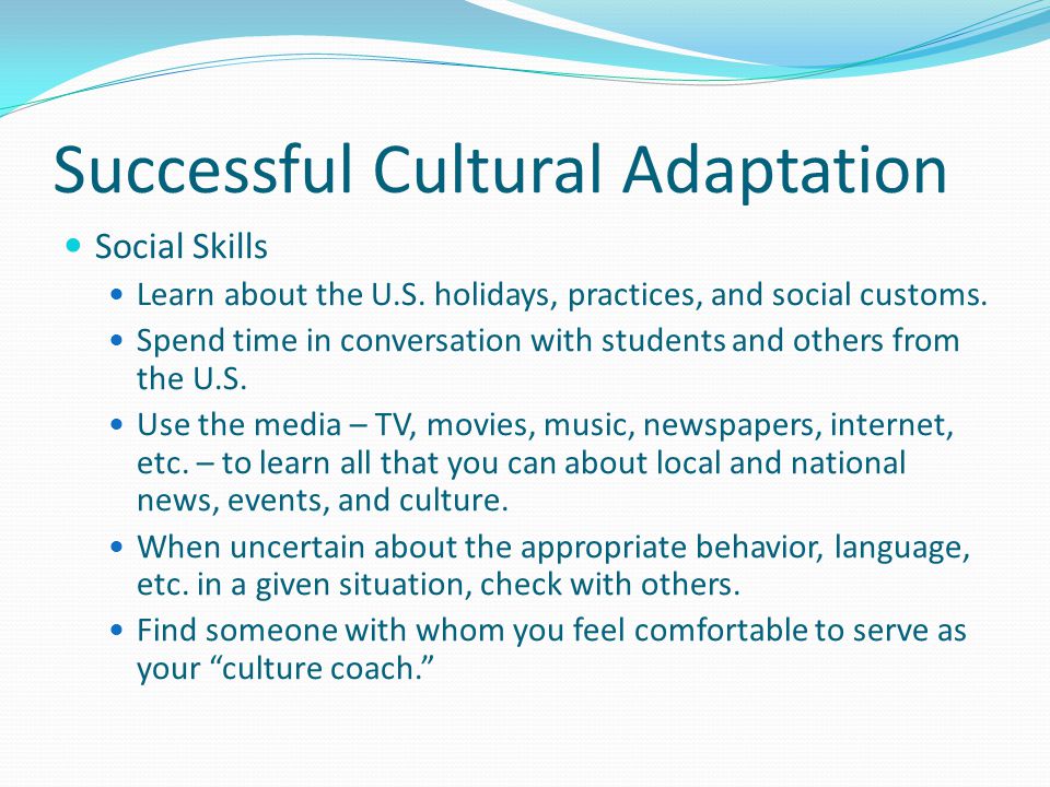 Successful Cultural Adaptation Academic Skills Become familiar with the expectations of the U.S.