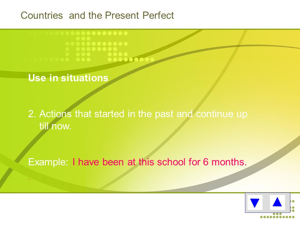 Countries and the Present Perfect Use in situations 2.Actions that started in the past and continue up till now.