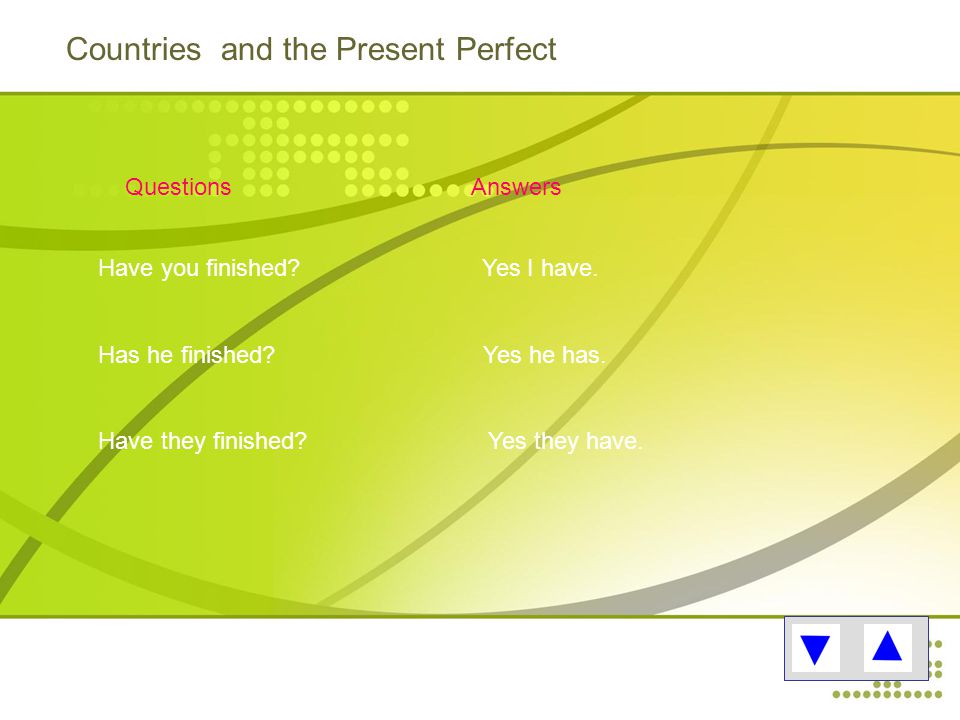Countries and the Present Perfect Questions Answers Have you finished.
