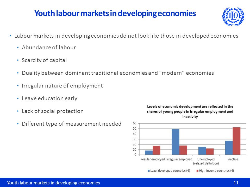 Labour markets in developing economies do not look like those in developed economies Abundance of labour Scarcity of capital Duality between dominant traditional economies and modern economies Irregular nature of employment Leave education early Lack of social protection Different type of measurement needed Youth labour markets in developing economies 11 Youth labour markets in developing economies