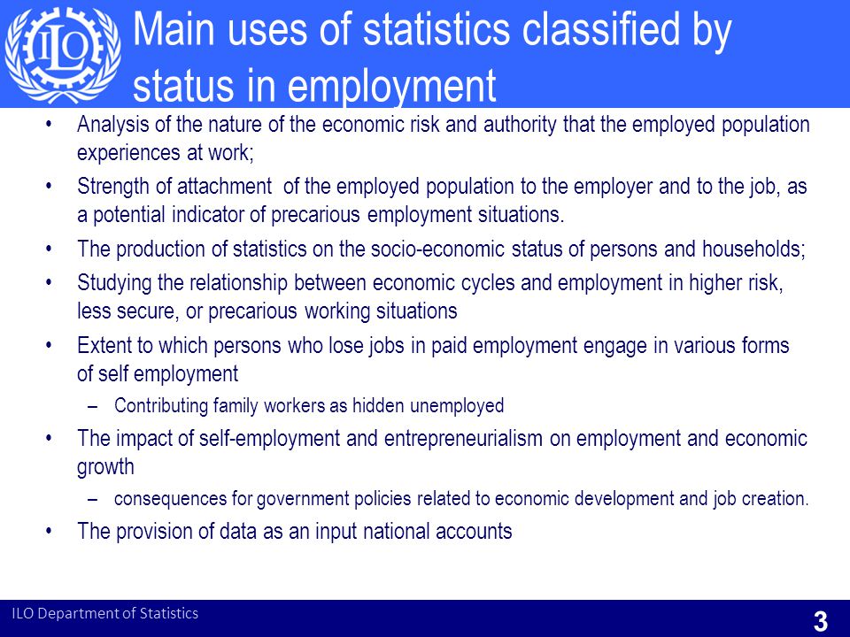 Main uses of statistics classified by status in employment Analysis of the nature of the economic risk and authority that the employed population experiences at work; Strength of attachment of the employed population to the employer and to the job, as a potential indicator of precarious employment situations.
