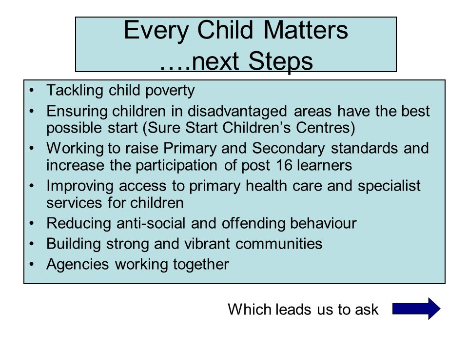 Every Child Matters ….next Steps Tackling child poverty Ensuring children in disadvantaged areas have the best possible start (Sure Start Children’s Centres) Working to raise Primary and Secondary standards and increase the participation of post 16 learners Improving access to primary health care and specialist services for children Reducing anti-social and offending behaviour Building strong and vibrant communities Agencies working together Which leads us to ask