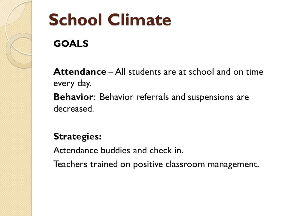 School Climate GOALS Attendance – All students are at school and on time every day.