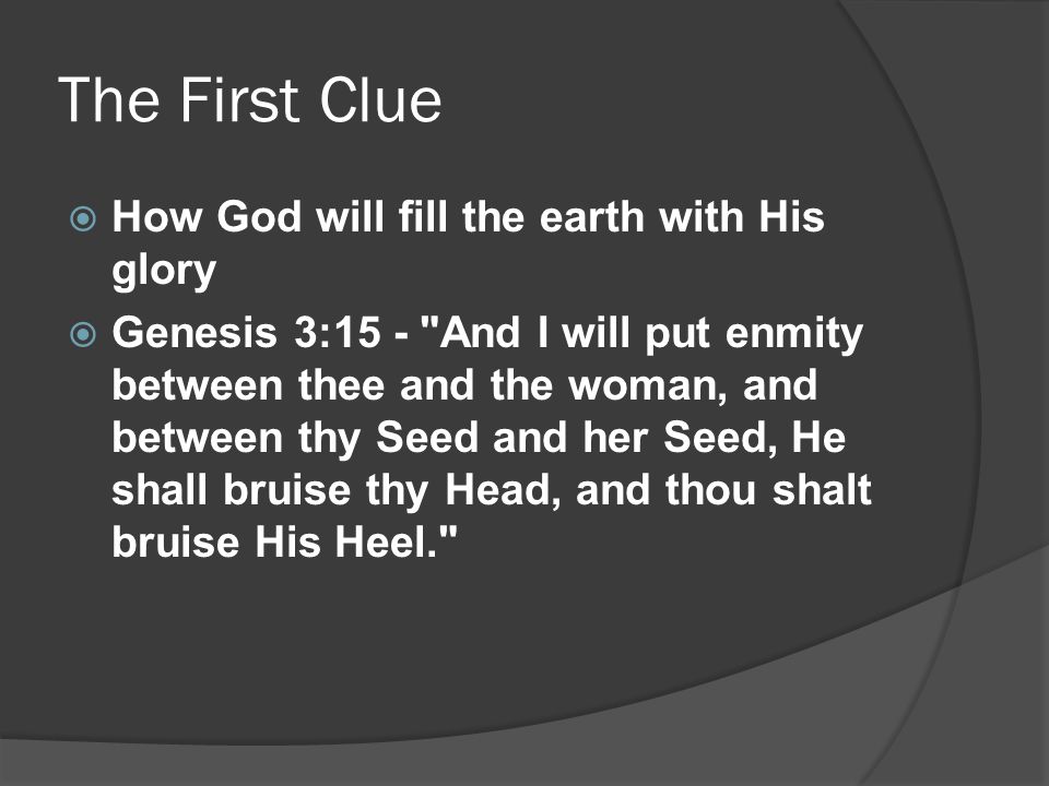 The First Clue  How God will fill the earth with His glory  Genesis 3:15 - And I will put enmity between thee and the woman, and between thy Seed and her Seed, He shall bruise thy Head, and thou shalt bruise His Heel.