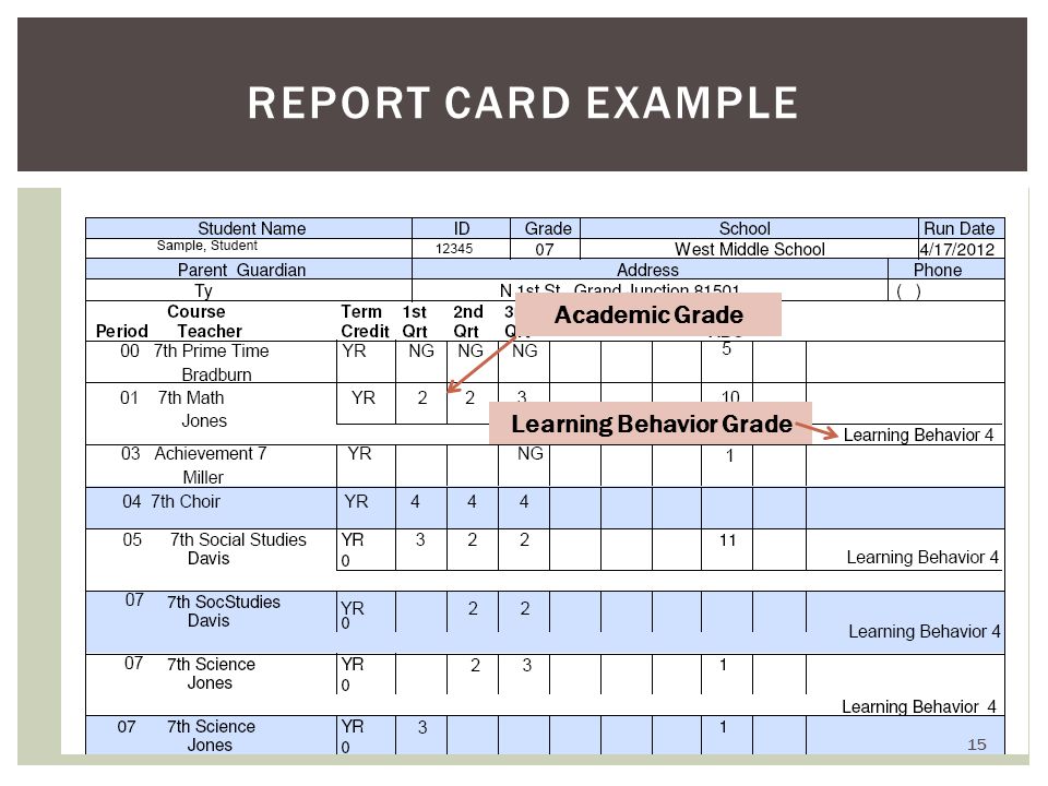 REPORT CARD EXAMPLE Academic Grade Learning Behavior Grade 15