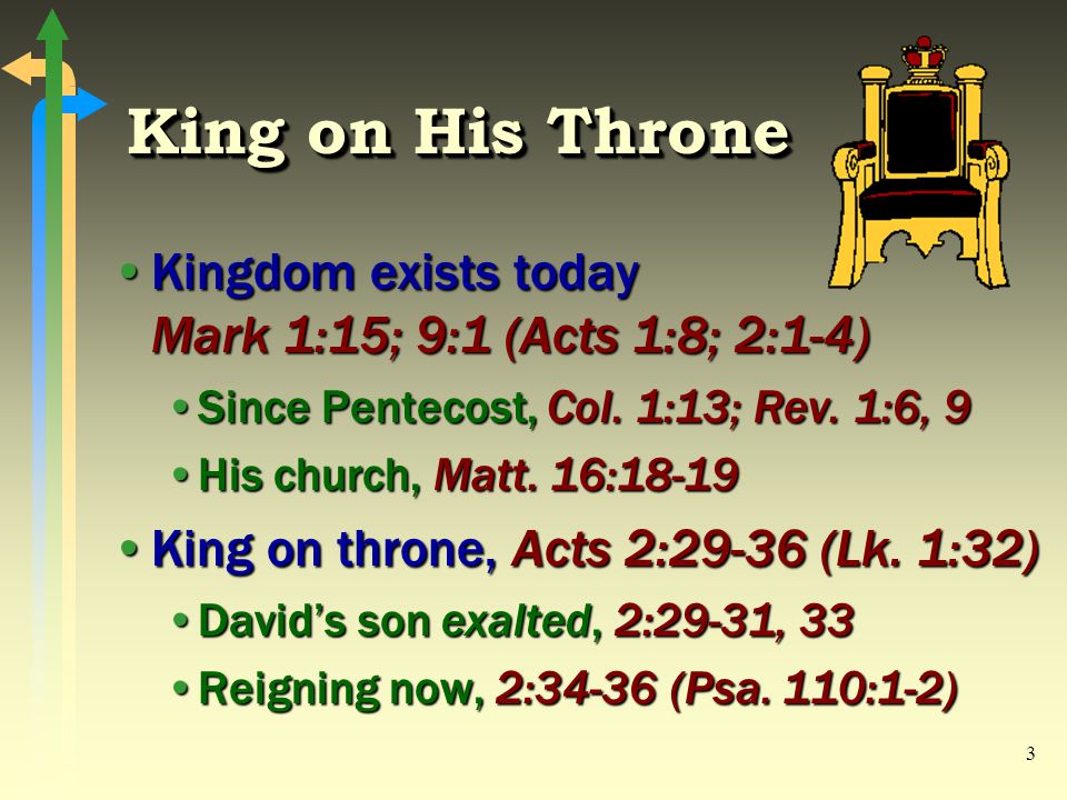 3 King on His Throne Kingdom exists today Mark 1:15; 9:1 (Acts 1:8; 2:1-4)Kingdom exists today Mark 1:15; 9:1 (Acts 1:8; 2:1-4) Since Pentecost, Col.