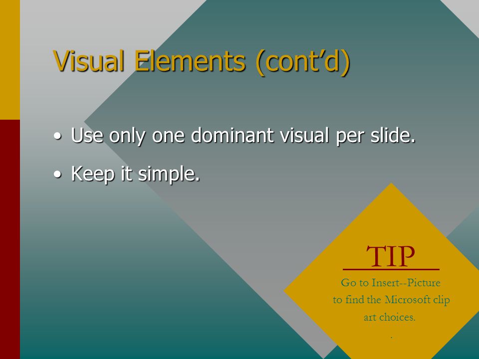 Visual Elements (cont’d) Use only one dominant visual per slide.Use only one dominant visual per slide.