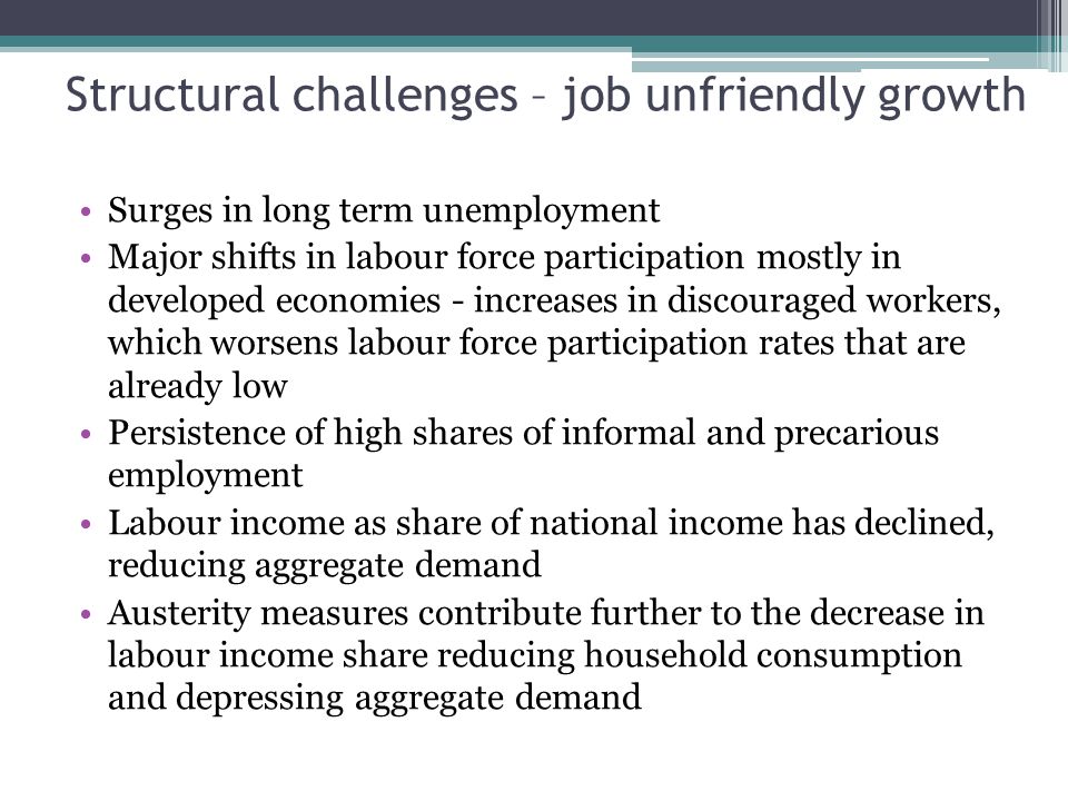 Surges in long term unemployment Major shifts in labour force participation mostly in developed economies - increases in discouraged workers, which worsens labour force participation rates that are already low Persistence of high shares of informal and precarious employment Labour income as share of national income has declined, reducing aggregate demand Austerity measures contribute further to the decrease in labour income share reducing household consumption and depressing aggregate demand Structural challenges – job unfriendly growth