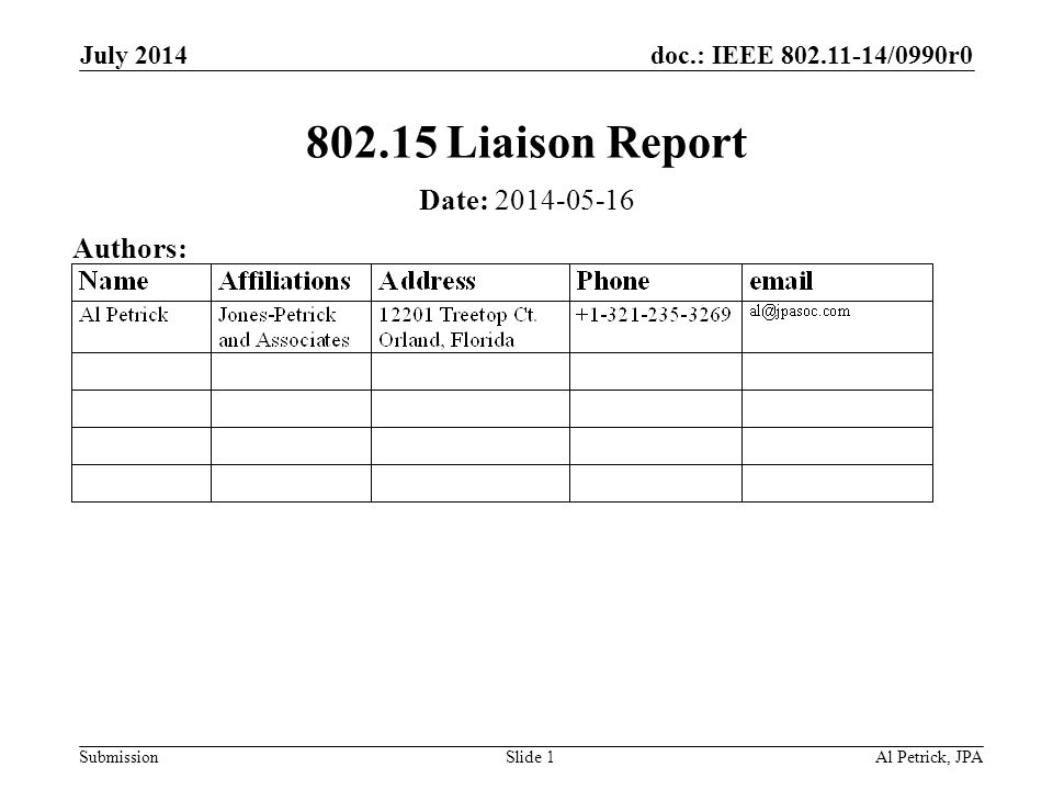 doc.: IEEE /0990r0 Submission July 2014 Al Petrick, JPASlide Liaison Report Date: Authors: