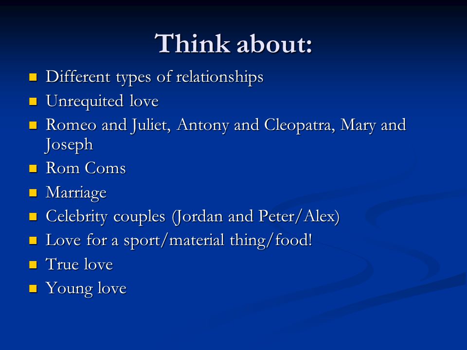 the different types of love portrayed in romeo juliet In william shakespeare's romeo and juliet , a long when she meets and falls in love with romeo, she is prepared to defy her parents and marry romeo in secret. the different types of love portrayed in romeo juliet In william shakespeare's romeo and juliet , a long when she meets and falls in love with romeo, she is prepared to defy her parents and marry romeo in secret.
