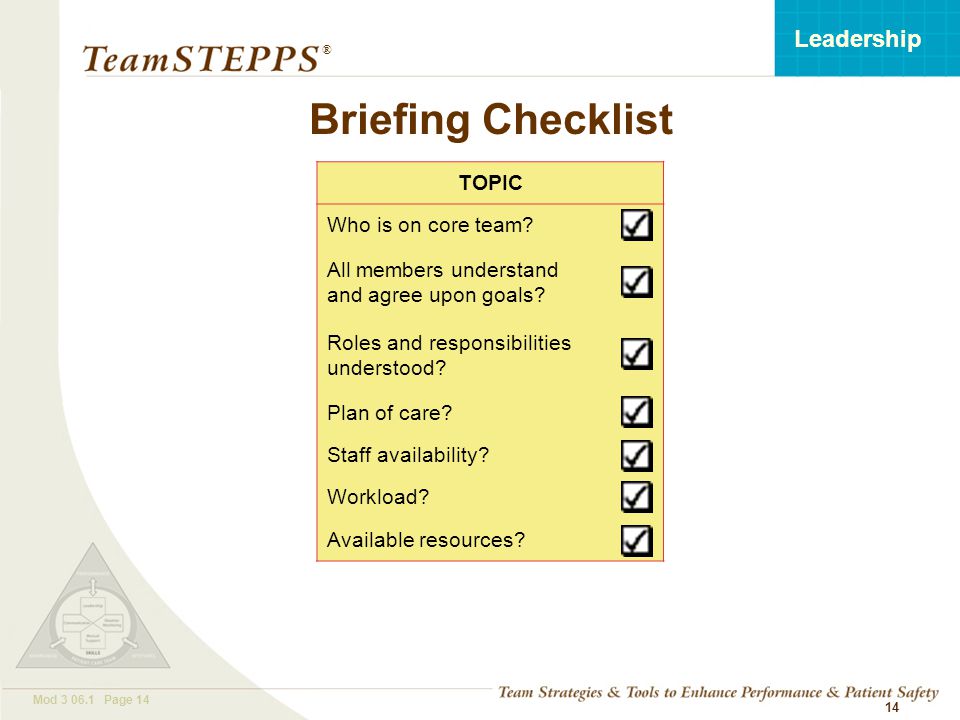 T EAM STEPPS 05.2 Mod Page 14 Leadership ® 14 TOPIC Who is on core team.
