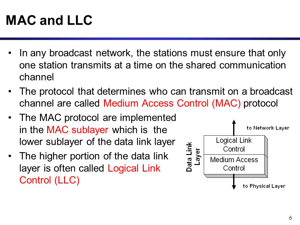6 MAC and LLC In any broadcast network, the stations must ensure that only one station transmits at a time on the shared communication channel The protocol that determines who can transmit on a broadcast channel are called Medium Access Control (MAC) protocol The MAC protocol are implemented in the MAC sublayer which is the lower sublayer of the data link layer The higher portion of the data link layer is often called Logical Link Control (LLC)