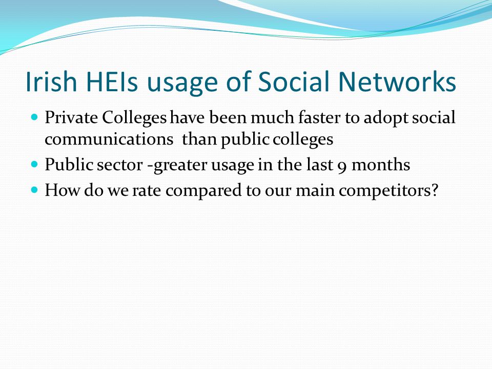 Irish HEIs usage of Social Networks Private Colleges have been much faster to adopt social communications than public colleges Public sector -greater usage in the last 9 months How do we rate compared to our main competitors