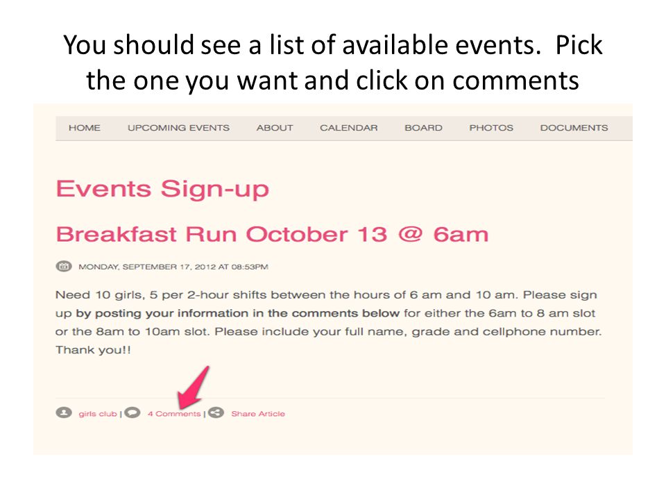 You should see a list of available events. Pick the one you want and click on comments