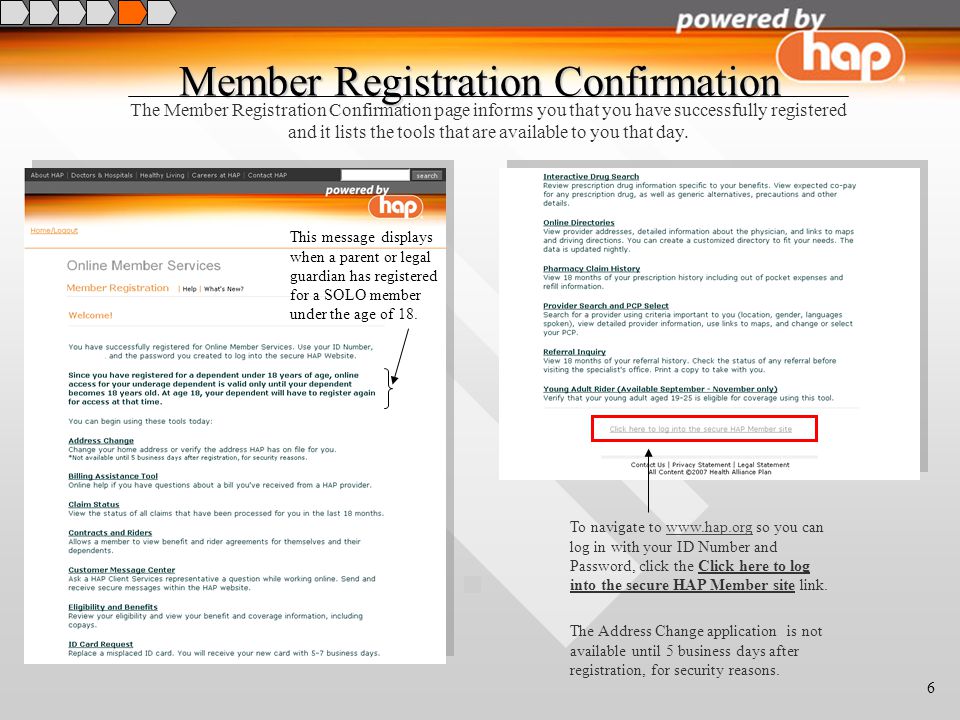6 Member Registration Confirmation The Member Registration Confirmation page informs you that you have successfully registered and it lists the tools that are available to you that day.
