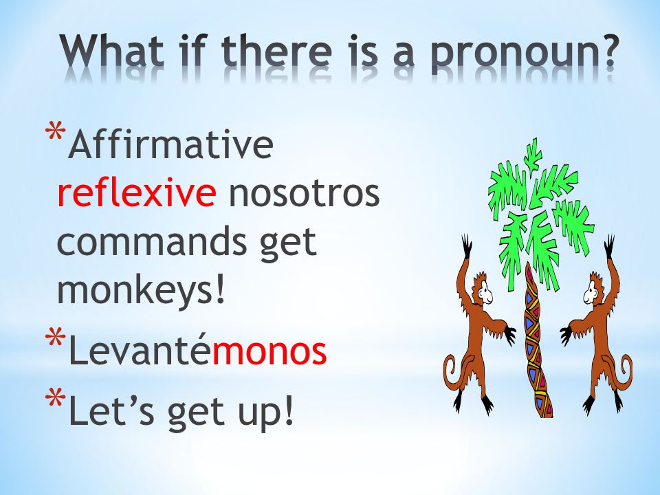 * Affirmative reflexive nosotros commands get monkeys! * Levantémonos * Let’s get up!