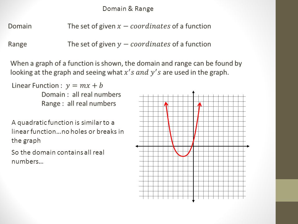 Domain & Range A quadratic function is similar to a linear function…no holes or breaks in the graph So the domain contains all real numbers…