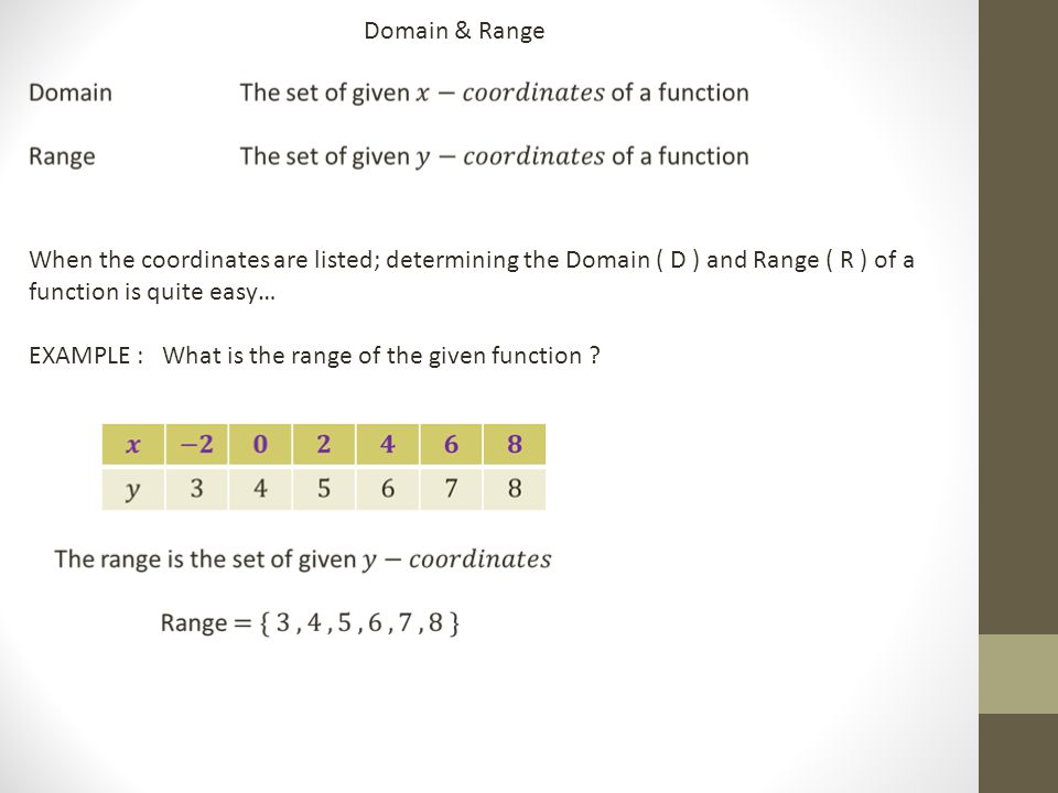 Domain & Range When the coordinates are listed; determining the Domain ( D ) and Range ( R ) of a function is quite easy… EXAMPLE : What is the range of the given function