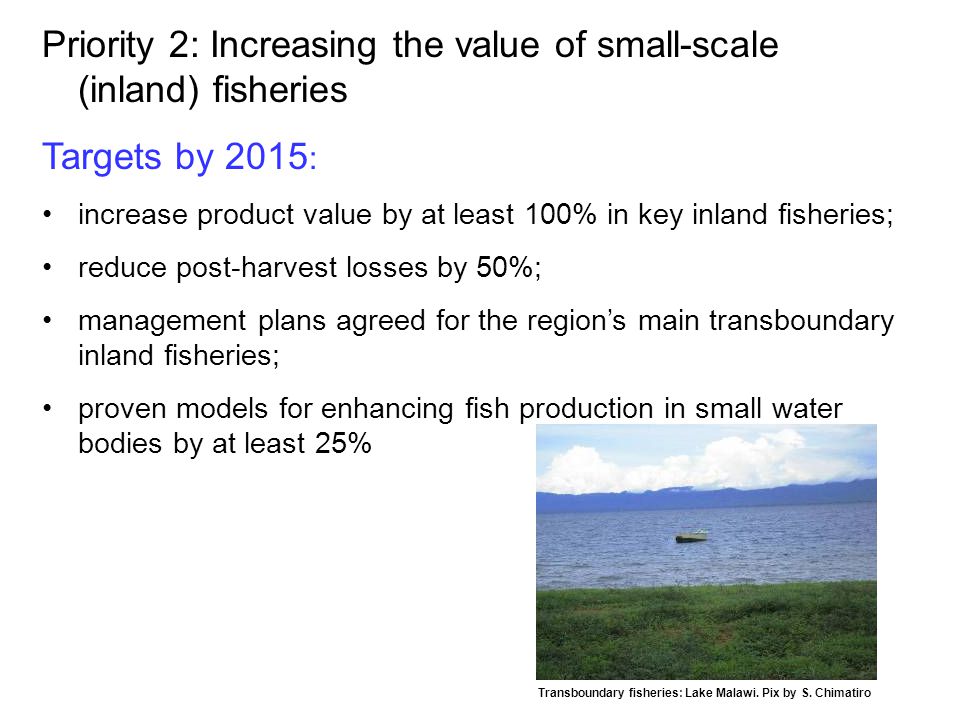 Priority 2: Increasing the value of small-scale (inland) fisheries Targets by 2015 : increase product value by at least 100% in key inland fisheries; reduce post-harvest losses by 50%; management plans agreed for the region’s main transboundary inland fisheries; proven models for enhancing fish production in small water bodies by at least 25% Transboundary fisheries: Lake Malawi.