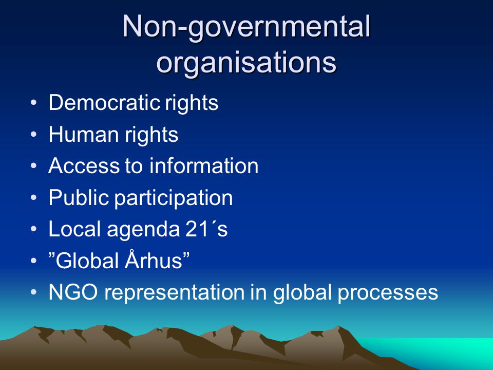 Non-governmental organisations Democratic rights Human rights Access to information Public participation Local agenda 21´s Global Århus NGO representation in global processes