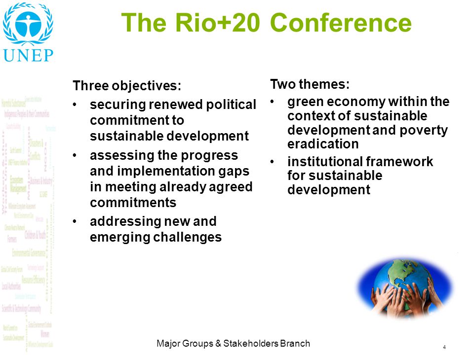 4 Major Groups & Stakeholders Branch Three objectives: securing renewed political commitment to sustainable development assessing the progress and implementation gaps in meeting already agreed commitments addressing new and emerging challenges The Rio+20 Conference Two themes: green economy within the context of sustainable development and poverty eradication institutional framework for sustainable development