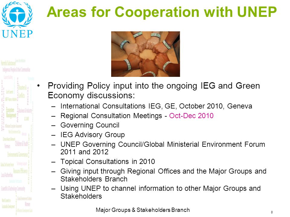 8 Major Groups & Stakeholders Branch Areas for Cooperation with UNEP Providing Policy input into the ongoing IEG and Green Economy discussions: –International Consultations IEG, GE, October 2010, Geneva –Regional Consultation Meetings - Oct-Dec 2010 –Governing Council –IEG Advisory Group –UNEP Governing Council/Global Ministerial Environment Forum 2011 and 2012 –Topical Consultations in 2010 –Giving input through Regional Offices and the Major Groups and Stakeholders Branch –Using UNEP to channel information to other Major Groups and Stakeholders