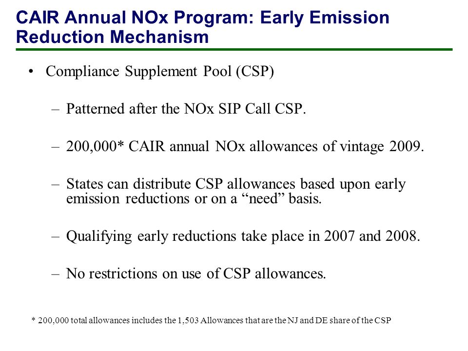 Compliance Supplement Pool (CSP) –Patterned after the NOx SIP Call CSP.