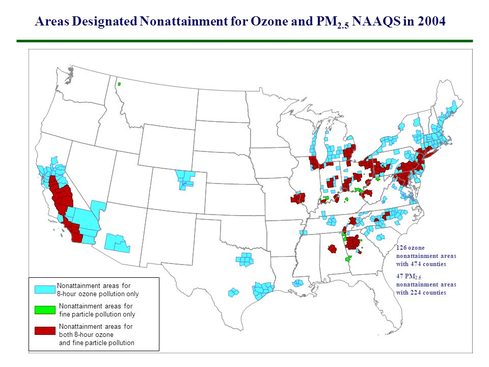 Areas Designated Nonattainment for Ozone and PM 2.5 NAAQS in 2004 Nonattainment areas for both 8-hour ozone and fine particle pollution Nonattainment areas for fine particle pollution only Nonattainment areas for 8-hour ozone pollution only 126 ozone nonattainment areas with 474 counties 47 PM 2.5 nonattainment areas with 224 counties