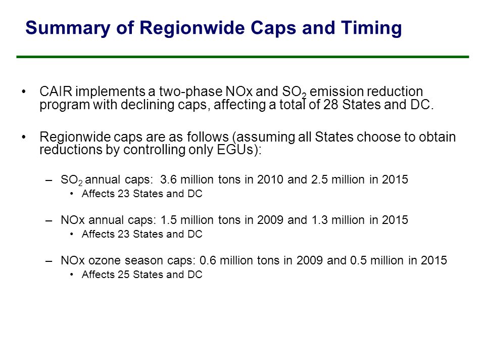 Summary of Regionwide Caps and Timing CAIR implements a two-phase NOx and SO 2 emission reduction program with declining caps, affecting a total of 28 States and DC.