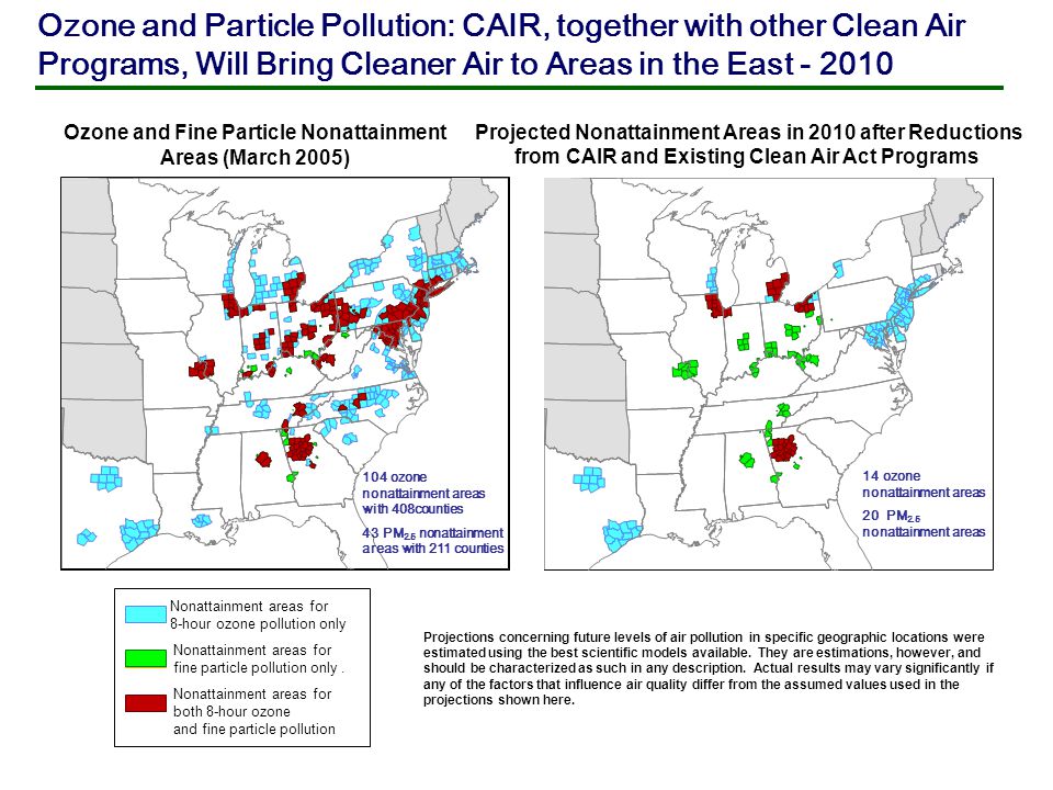 Ozone and Fine Particle Nonattainment Areas (March 2005) Projected Nonattainment Areas in 2010 after Reductions from CAIR and Existing Clean Air Act Programs Projections concerning future levels of air pollution in specific geographic locations were estimated using the best scientific models available.