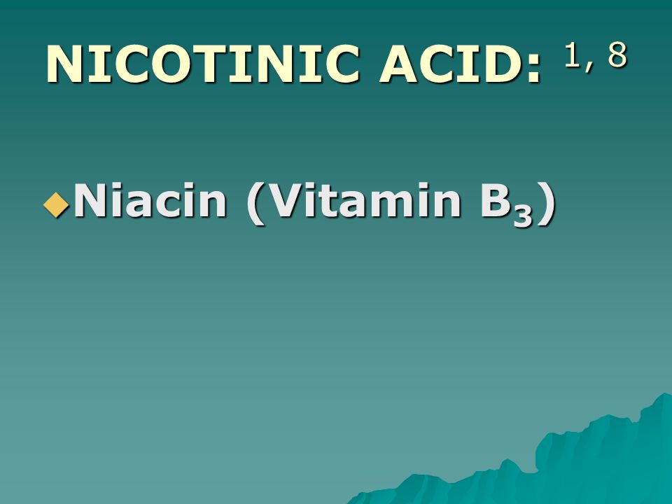 NICOTINIC ACID: 1, 8  Niacin (Vitamin B 3 )