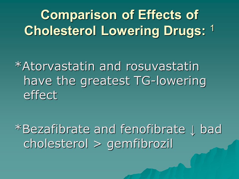 Comparison of Effects of Cholesterol Lowering Drugs: 1 *Atorvastatin and rosuvastatin have the greatest TG-lowering effect *Bezafibrate and fenofibrate ↓ bad cholesterol > gemfibrozil